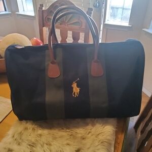 Ralph Lauren Black Duffel with Brown Leather Handles and Gold Polo Emblem